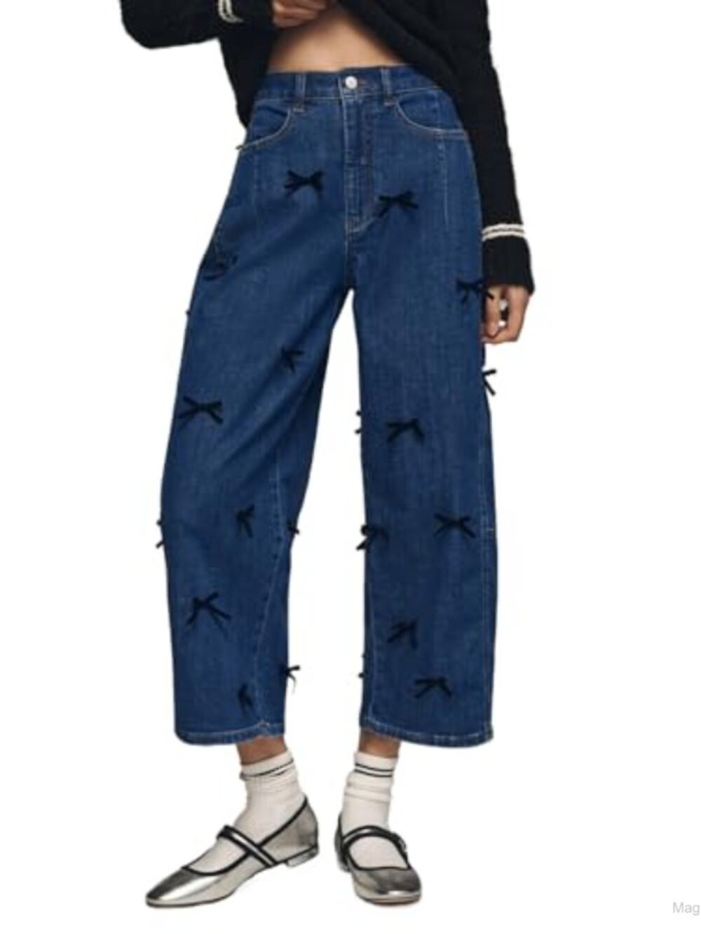 Mid Rise Barrel Jeans Wide Leg Denim Pants with Bows Cotton Blend